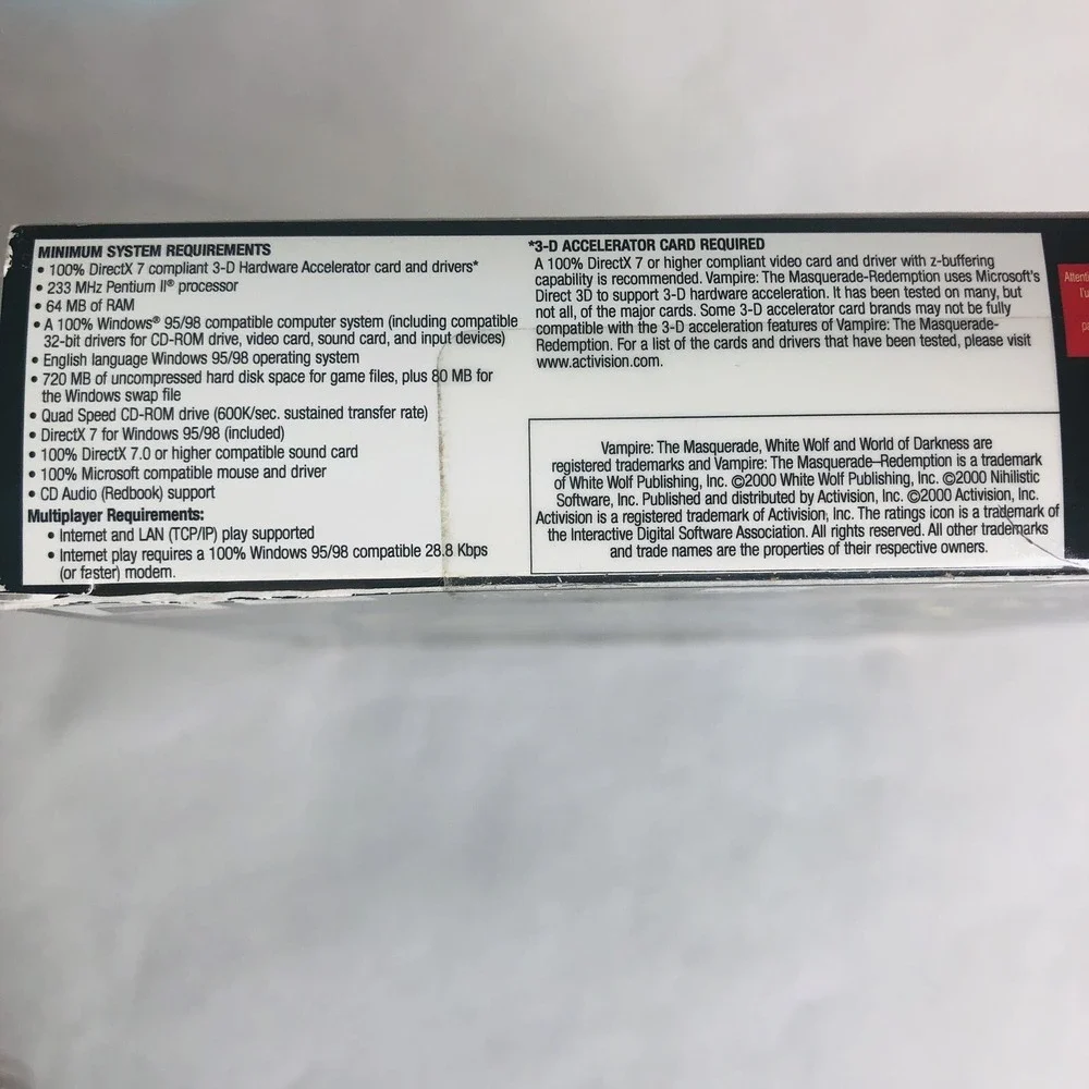 Vampire The Masquerade Redemption PC Game 2 Disc Set‎ Box NO Instruction Manual